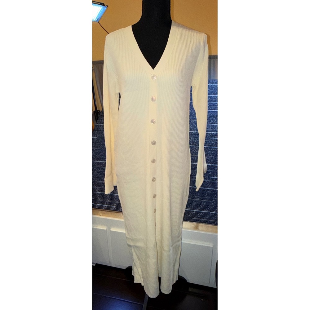 A New Day Ribbed Knit Cardigan Dress Women L NEW Cream V-Neck Button Front